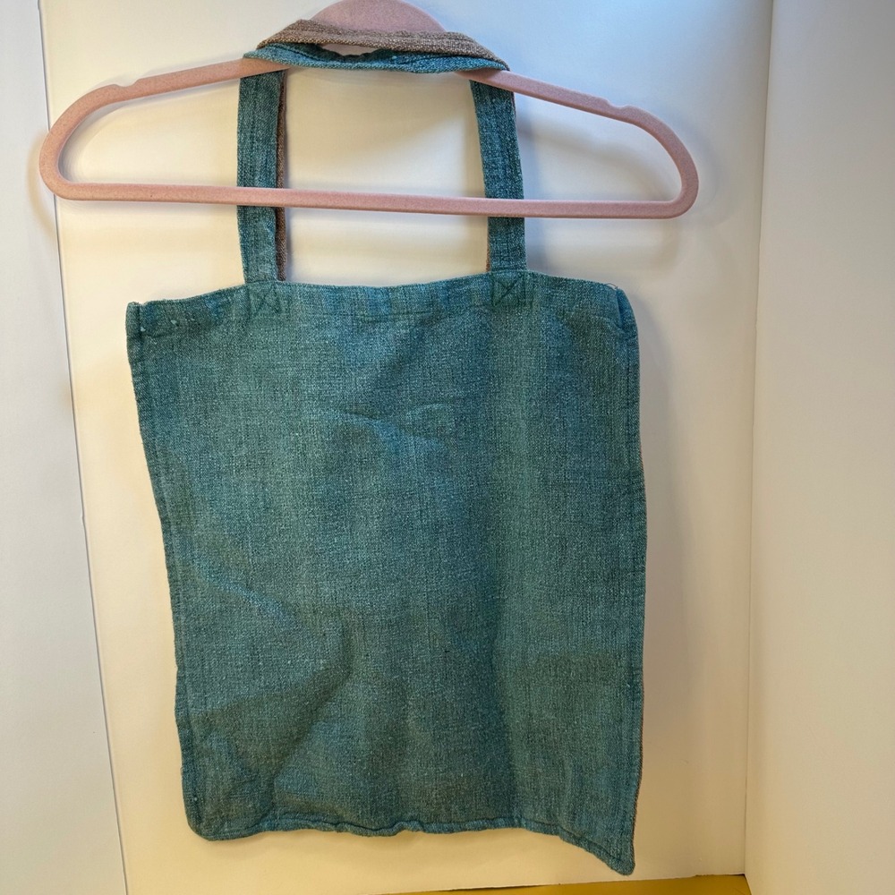 Reversible Boho Jute Tote Bag Brown‎ Teal Blue Temple Bell Block Print Artisanal - Picture 4 of 6